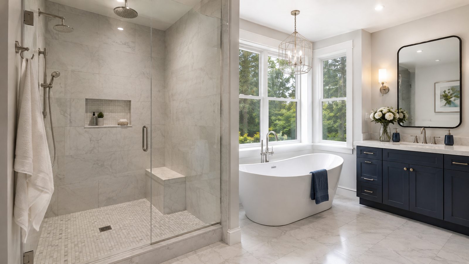 Bathroom remodel in a Cincinnati home with a marble-tiled walk-in shower and freestanding tub