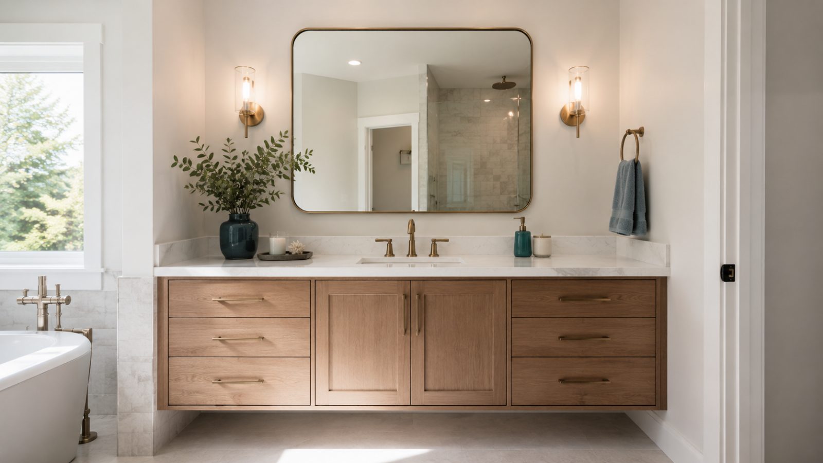 Floating white oak vanity with quartz top, brass fixtures and a large frameless mirror