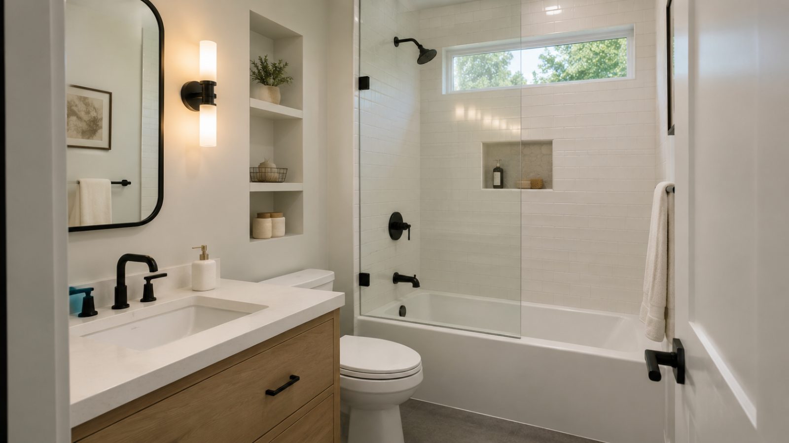 Updated tub and shower area with white tile surround and a white oak vanity